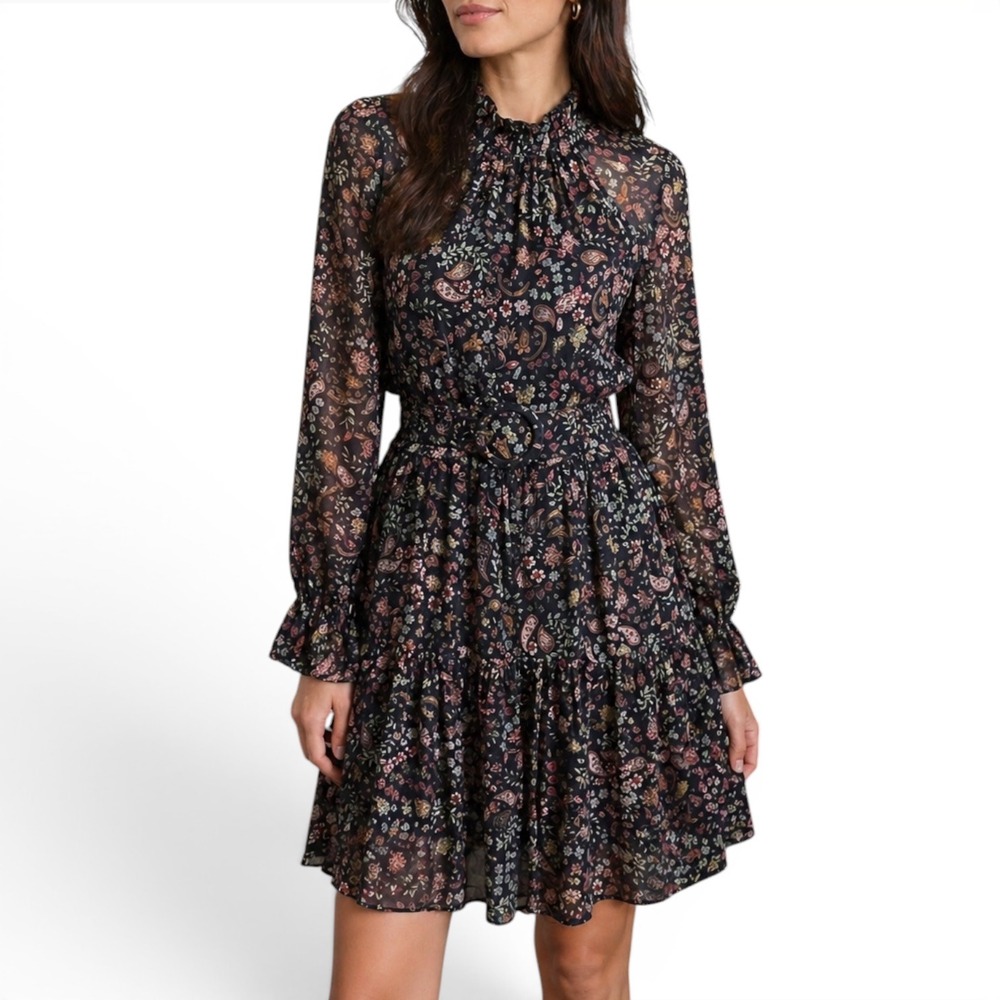 Nicholas Silk Floral Paisley‎ Belted Mini Dress Navy Blue Long Sleeve Size 4